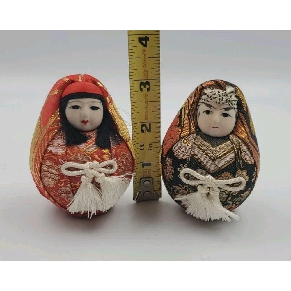 Vintage Couple Japanese Wedding Hime Daruma‎ Dolls Round Shelf Statue Display